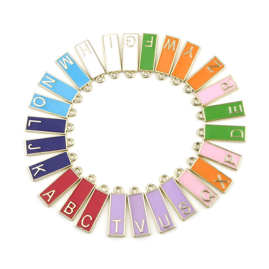 Immagine di Lega di Zinco Charms Rettangolo Oro Placcato Multicolore Lettera Maiuscola Smalto 23mm x 8mm , 10 Pz