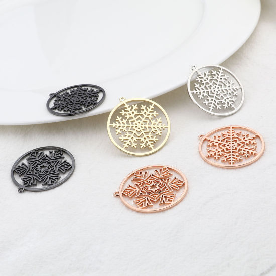 Image de Pendentifs Noël en Alliage de Zinc Rond Flocon de Neige env. Creux 38mm x 35mm, 10 Pcs