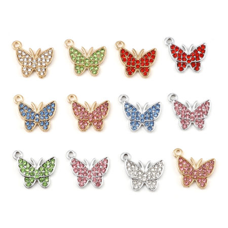 Zinc Based Alloy Insect Charms Butterfly Animal Micro Pave Multicolor Rhinestone 17mm x 15mm, 5 PCs