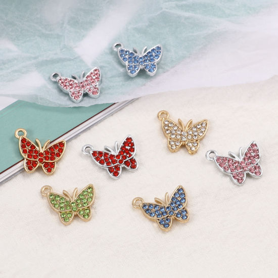 Picture of Zinc Based Alloy Insect Charms Butterfly Animal Micro Pave Multicolor Rhinestone 17mm x 15mm, 5 PCs
