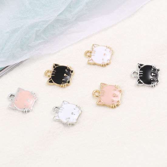 Imagen de Zamak Colgantes Charms Gato Blanco Esmalte 15mm x 13mm, 10 Unidades
