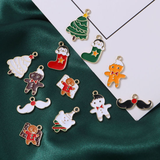 Picture of Zinc Based Alloy Christmas Charms Gold Plated Multicolor Enamel 10 PCs