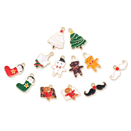 Picture of Zinc Based Alloy Christmas Charms Gold Plated Multicolor Enamel 10 PCs