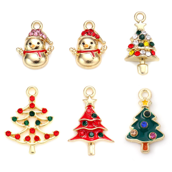 Picture of Zinc Based Alloy Christmas Charms Gold Plated Multicolor Rhinestone 5 PCs