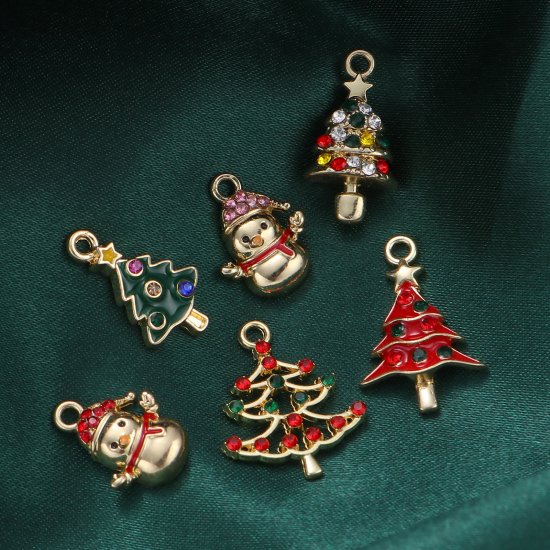 Picture of Zinc Based Alloy Christmas Charms Gold Plated Multicolor Rhinestone 5 PCs