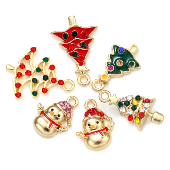 Picture of Zinc Based Alloy Christmas Charms Gold Plated Multicolor Rhinestone 5 PCs