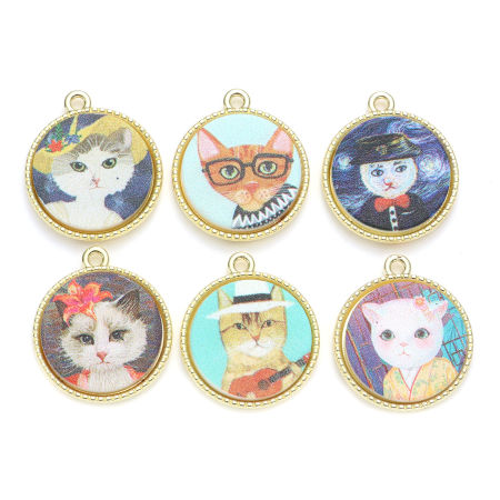 Zinc Based Alloy & Acrylic Charms Round Disc Gold Plated Multicolor Cat 24mm x 21mm, 5 PCs
