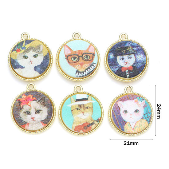 Picture of Zinc Based Alloy & Acrylic Charms Round Gold Plated Multicolor Cat 24mm x 21mm, 5 PCs