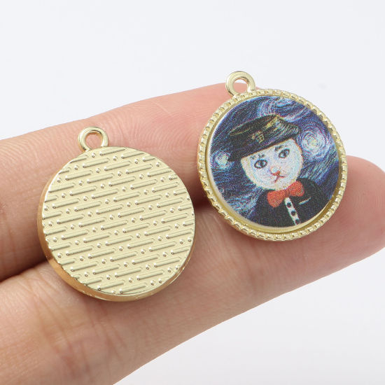 Picture of Zinc Based Alloy & Acrylic Charms Round Gold Plated Multicolor Cat 24mm x 21mm, 5 PCs