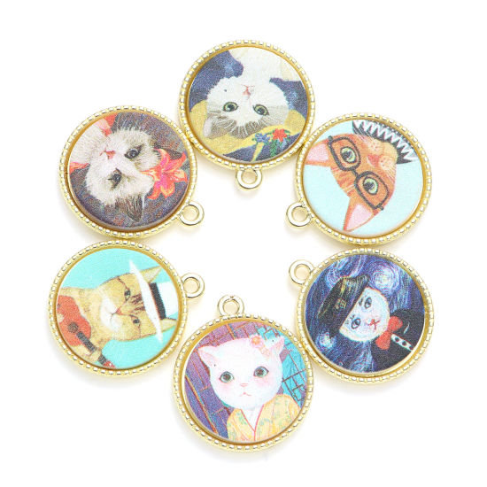 Picture of Zinc Based Alloy & Acrylic Charms Round Gold Plated Multicolor Cat 24mm x 21mm, 5 PCs