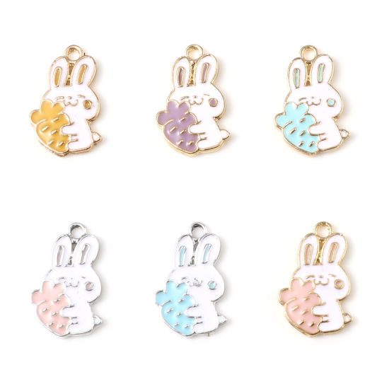 Image de Breloques en Alliage de Zinc Lapin Multicolore Radis env. Émail 20mm x 13mm, 10 Pcs