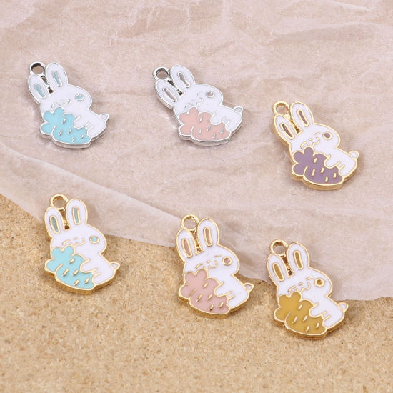 Image de Breloques en Alliage de Zinc Lapin Multicolore Radis env. Émail 20mm x 13mm, 10 Pcs