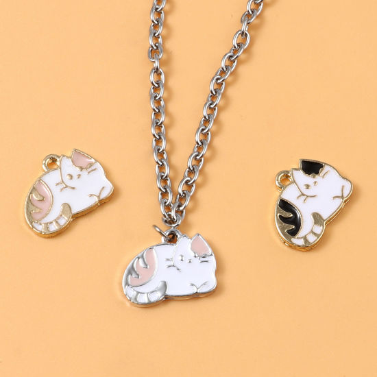 Immagine di Lega di Zinco Charms Gatto Multicolore Smalto 16mm x 12mm , 10 Pz