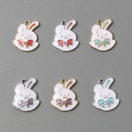 Picture of Zinc Based Alloy Charms Rabbit Animal Multicolor Bowknot Enamel 19mm x 15mm, 10 PCs