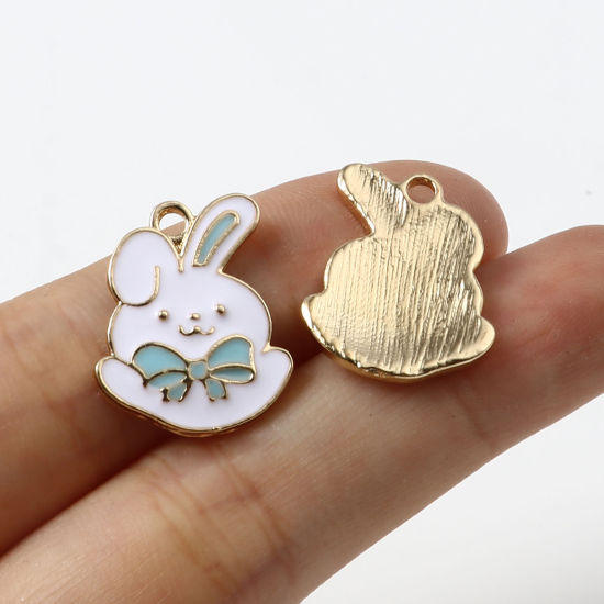 Picture of Zinc Based Alloy Charms Rabbit Animal Multicolor Bowknot Enamel 19mm x 15mm, 10 PCs
