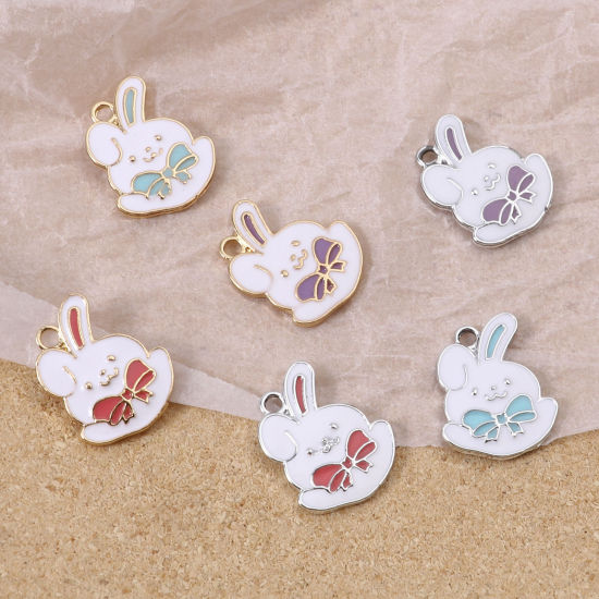 Picture of Zinc Based Alloy Charms Rabbit Animal Multicolor Bowknot Enamel 19mm x 15mm, 10 PCs