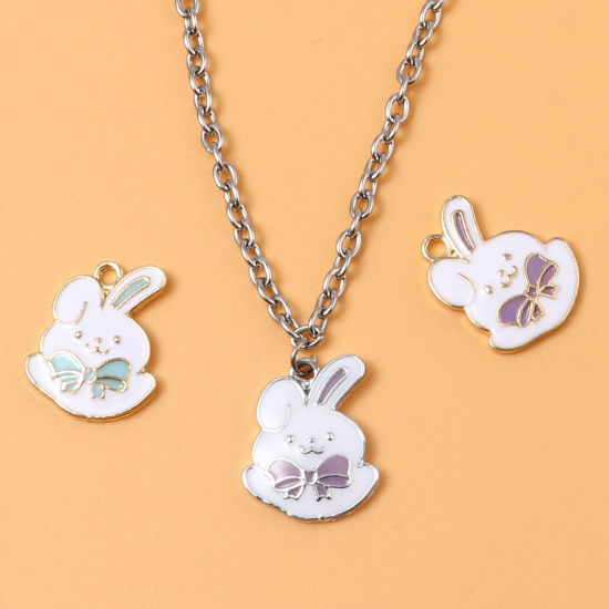 Picture of Zinc Based Alloy Charms Rabbit Animal Multicolor Bowknot Enamel 19mm x 15mm, 10 PCs
