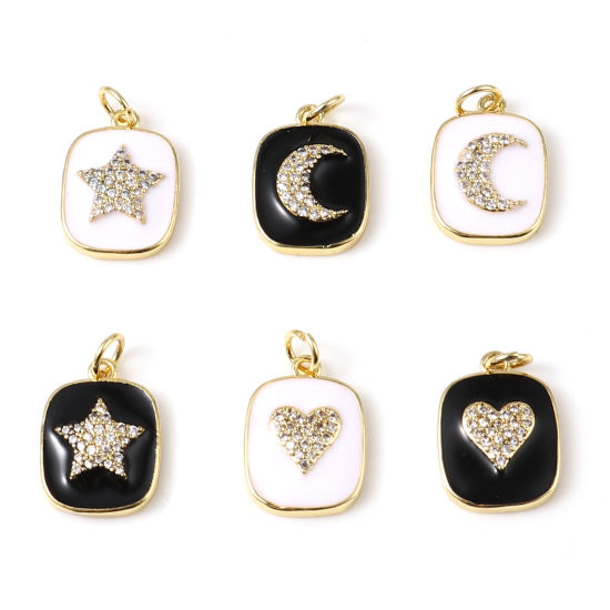 Immagine di Ottone Charms Oro Placcato Nero & Bianco Rettangolo Smalto Trasparente Strass 21mm x 13mm, 1 Pz