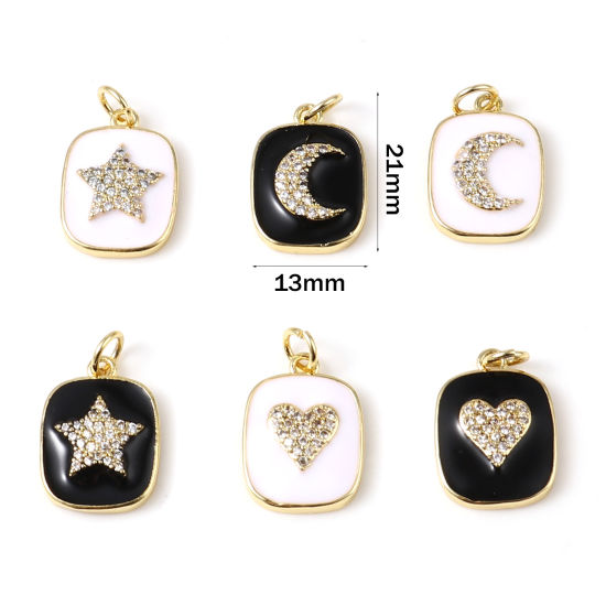 Immagine di Ottone Charms Oro Placcato Nero & Bianco Rettangolo Smalto Trasparente Strass 21mm x 13mm, 1 Pz