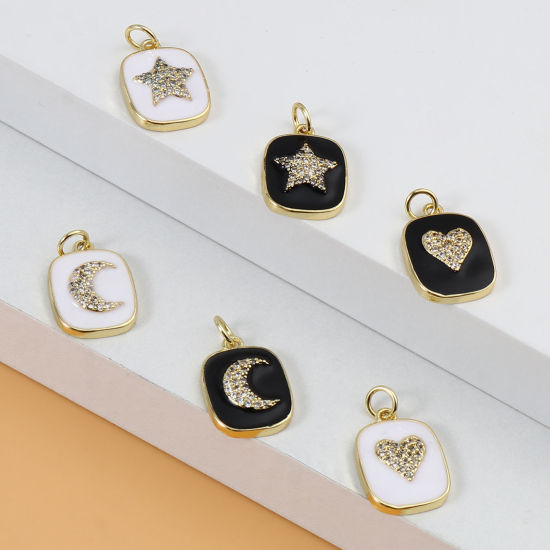 Immagine di Ottone Charms Oro Placcato Nero & Bianco Rettangolo Smalto Trasparente Strass 21mm x 13mm, 1 Pz