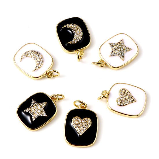 Immagine di Ottone Charms Oro Placcato Nero & Bianco Rettangolo Smalto Trasparente Strass 21mm x 13mm, 1 Pz