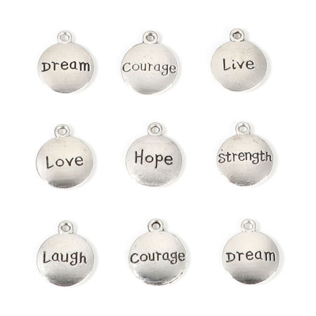 Bild von Zinklegierung Positive Zitate Energie Charms Rund Antiksilber Englisch Vokabeln 17mm x 14mm, 50 Stück