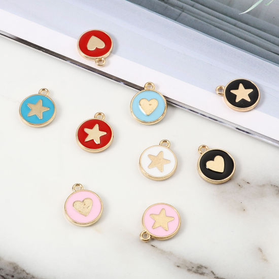 Picture of Zinc Based Alloy Charms Round Gold Plated Multicolor Star Enamel 14mm x 12mm, 10 PCs