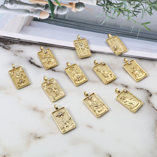Immagine di Ottone Tarocchi Ciondoli Oro Placcato Rettangolo Trasparente Cubic Zirconiae 30mm x 15mm, 1 Pz
