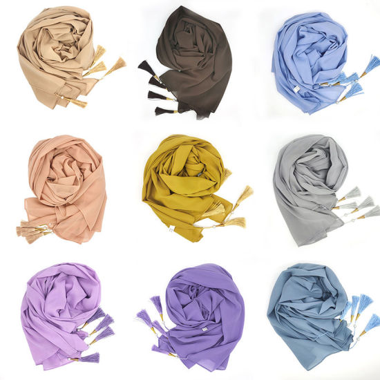 Picture of Chiffon Women's Hijab Scarf Solid Color With Tassel