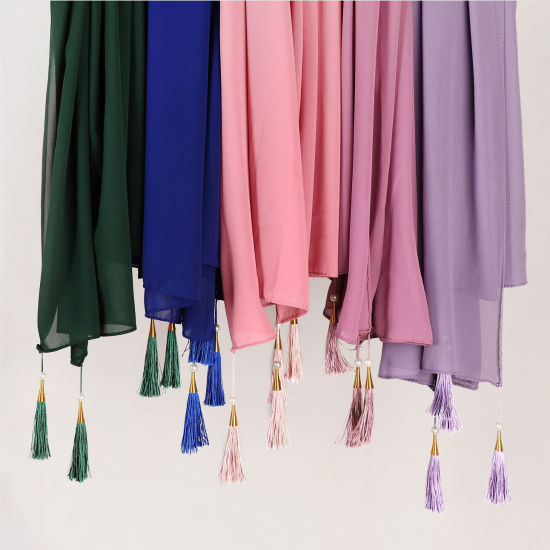 Picture of Chiffon Women's Hijab Scarf Solid Color With Tassel