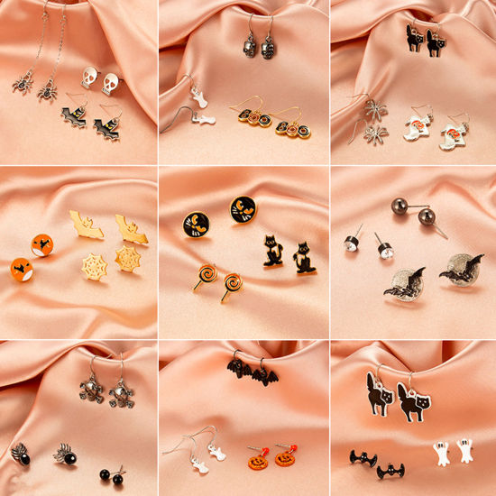 Picture of Halloween Ear Post Stud Earrings Mixed Color 1 Set ( 3 Pairs/Set)