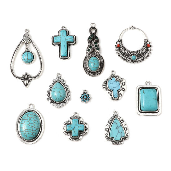 Picture of Zinc Based Alloy & Turquoise Charms Geometric Antique Silver Color Green Blue 5 PCs