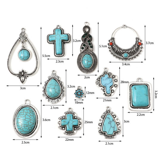 Picture of Zinc Based Alloy & Turquoise Charms Geometric Antique Silver Color Green Blue 5 PCs