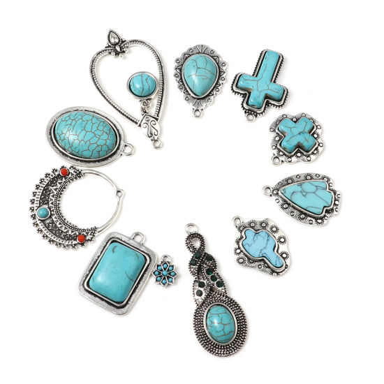 Picture of Zinc Based Alloy & Turquoise Charms Geometric Antique Silver Color Green Blue 5 PCs