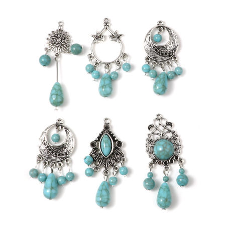 Zinc Based Alloy & Resin Boho Chic Bohemia Pendants Irregular Antique Silver Color Green Blue 5 PCs