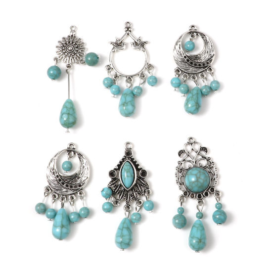 Imagen de Aleación de Zinc del metal + Resina Bohemia Colgantes Irregular Plata Antigua Verde Azul 5 Unidades