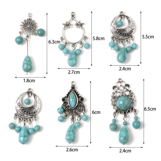 Imagen de Aleación de Zinc del metal + Resina Bohemia Colgantes Irregular Plata Antigua Verde Azul 5 Unidades