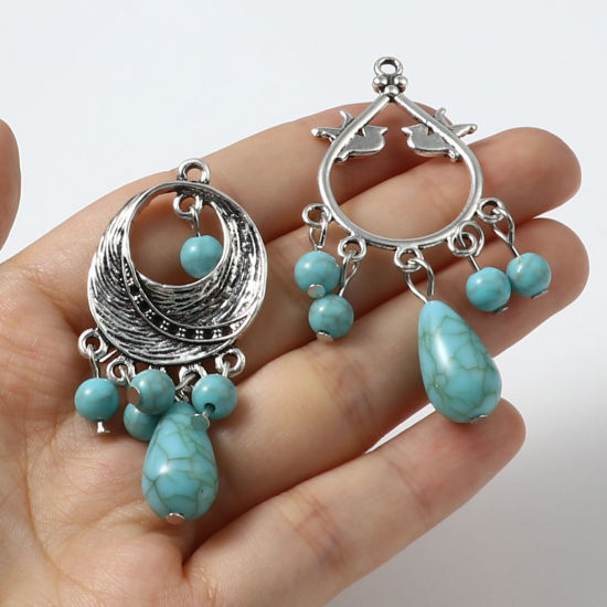 Imagen de Aleación de Zinc del metal + Resina Bohemia Colgantes Irregular Plata Antigua Verde Azul 5 Unidades