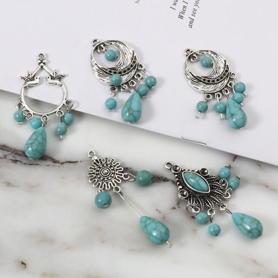 Imagen de Aleación de Zinc del metal + Resina Bohemia Colgantes Irregular Plata Antigua Verde Azul 5 Unidades