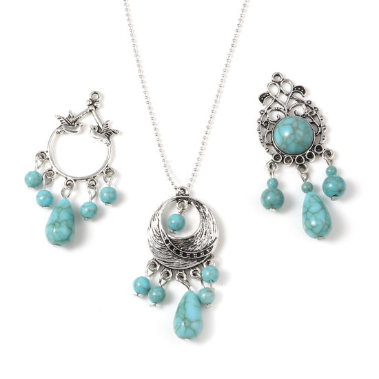 Imagen de Aleación de Zinc del metal + Resina Bohemia Colgantes Irregular Plata Antigua Verde Azul 5 Unidades