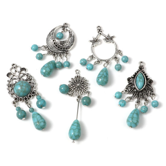 Imagen de Aleación de Zinc del metal + Resina Bohemia Colgantes Irregular Plata Antigua Verde Azul 5 Unidades