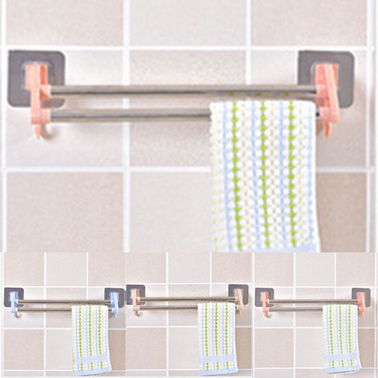 Picture of 304 Stainless Steel & PP Wall-Mounted Wall-Mounted Self-adhesive Double Pole Bathroom Towel Bar