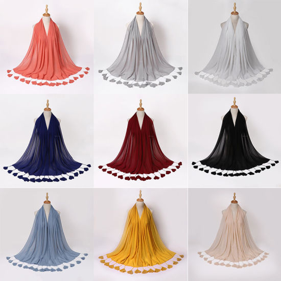 Image de Écharpe Hijab en mousseline de soie pour femme, couleur unie, fleur, gland, perles d'imitation
