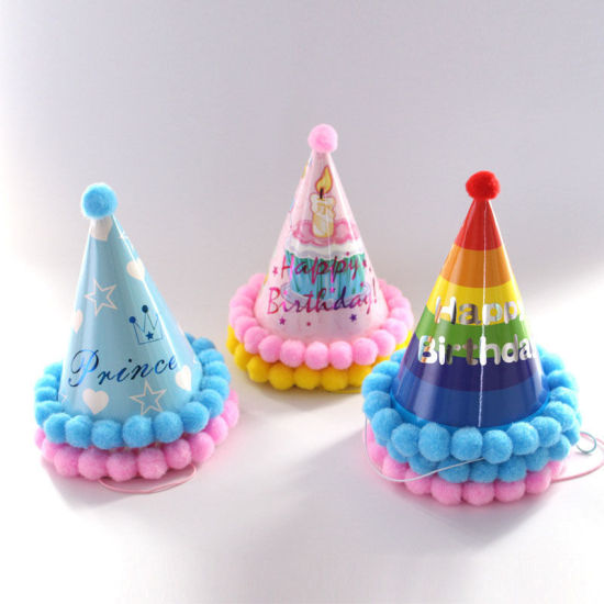 Picture of Pom Pom Ball Paper Cap Hat Birthday Props Party Decorations