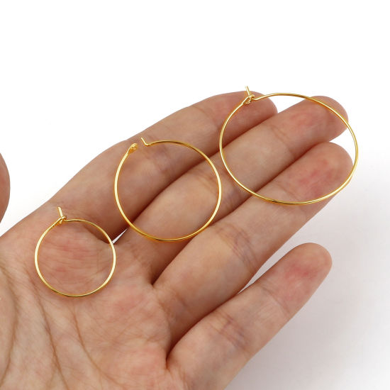 Picture of Brass Hoop Earrings 18K Real Gold Plated Circle Ring Post/ Wire Size: (21 gauge), 10 PCs