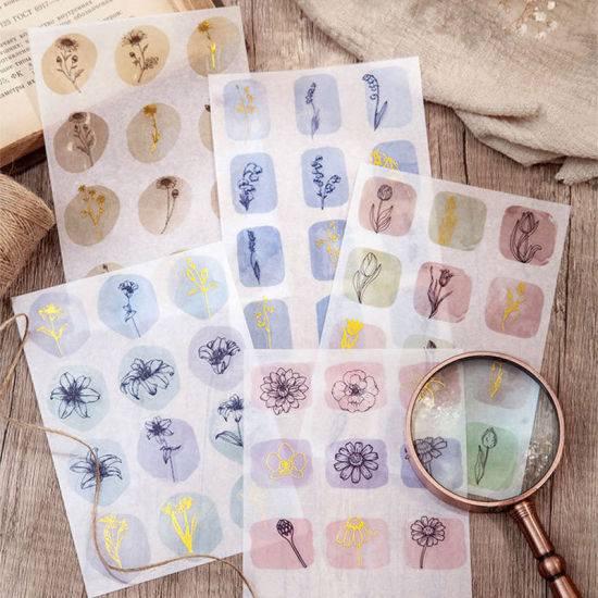Изображение Japanese Paper & PET Gold Stamping Flower DIY Scrapbook Stickers