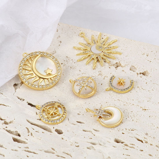 Immagine di Conchiglia + Ottone Galassia Charms 18K Vero Oro Placcato Bianco Trasparente Strass 1 Pz