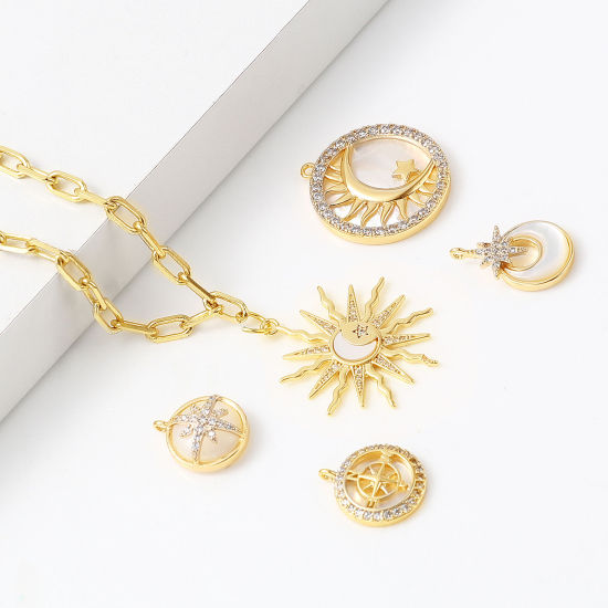 Immagine di Conchiglia + Ottone Galassia Charms 18K Vero Oro Placcato Bianco Trasparente Strass 1 Pz