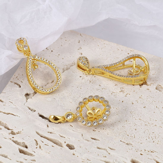Image de Bélière pour Perle Micro Pave en Laiton Plaqué Or Véritable 18K à Strass Transparent 1 Pièce