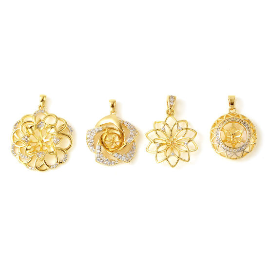 Image de Bélière pour Perle Micro Pave en Laiton Plaqué Or Véritable 18K Fleur à Strass Transparent 1 Pièce